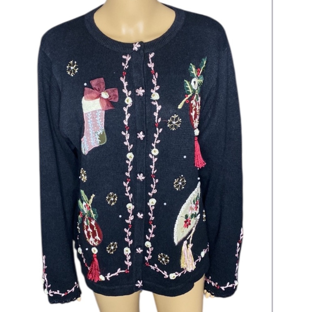 Victoria Jones XL Black Holiday
Cardigan Sweater Festive
Christmas Knit Vintage